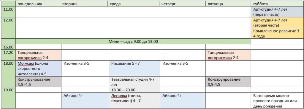 Расписание занятий детского клуба Конструландия для детей 3-5 лет